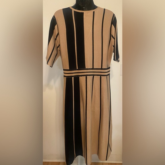 Nina Leonard Surplice V-Neck Knit Fit and Flare Tan/Blk Striped Dress in Size: L - Picture 5 of 11